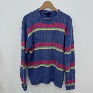 Polo Ralph Lauren Iconic Fisherman's Cable Knit Crewneck Sweater Blue Pink Sz XL
